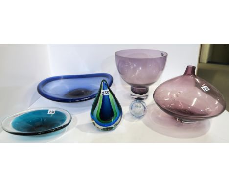 A collection of mid 20th century art glass including a Holmegaard blue glass dish, a pale blue bud vase etc Condition Report: