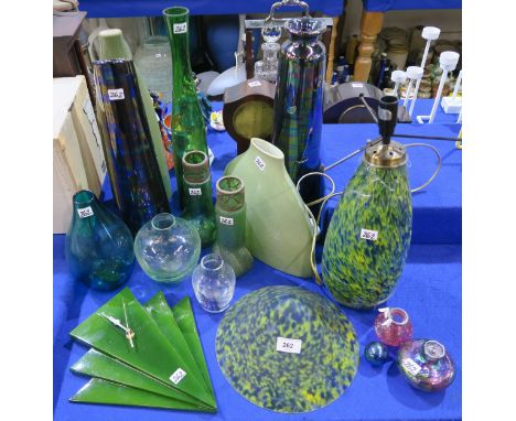 A collection of vases in mainly green shade, a glass lamp, reproduction clock etc Condition Report:lamp base broken badly, sh