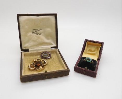A collection of mourning jewellery, a garnet and pearl yellow metal brooch with a hair panel, approx 2.5cm x 2cm, a further y