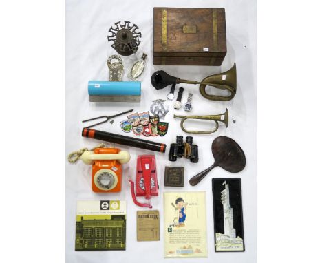 A mixed lot, comprising WW2 1941-dated military binoculars by Taylor-Hobson, a brass-bound writing slope with inset plaque mo