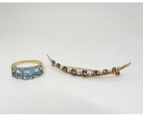 A 14k gold natural pearl and blue gem crescent moon brooch, weight 2.8gms, together with a 10k blue topaz five stone ring siz