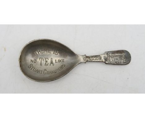 A plated caddy spoon, cast "There is No Tea Like Stuart Cranston's, 28 Buchannan St., 13 Renfield St., 76 Argyll St., Glasgow