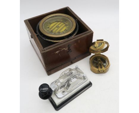 A mixed lot, comprising a cased American maritime compass, Stanley Natural Sine brass compass,&nbsp;Himound telegraph key, si