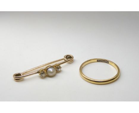 A yellow metal pearl and diamond bar brooch, set with estimated approx 0.20cts of old cut diamonds, weight 2gms, together wit