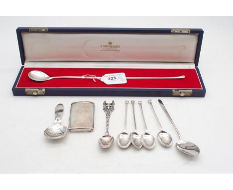 A collection of silver including a cased Danish silver cocktail spoon, by A. Michelsen, a Georg Jensen cactus pattern caddy s