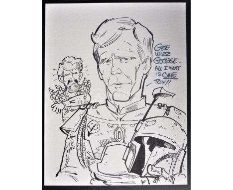 Estate of Jeremy Bulloch - Star Wars - Artwork - an ink on card cartoon drawing depicting Bulloch as Boba Fett with George Lu