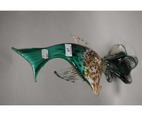 A mid century art glass fish ornament possibly Murano having jade green white and copper body