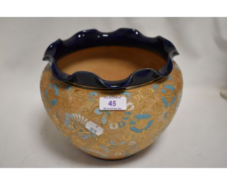 An early 20th century Royal Doulton Jardiniere planter having turquoise gilt and cobalt decoration