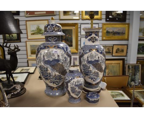 Four matching modern ceramics by Panda in Chinese style designs including lidded urn, Lamp base, vase and container