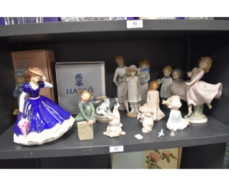 A selection of modern figure studies including Lladro, Royal Doulton Mary HN3375 and Nao. Damage to various figures, bird and