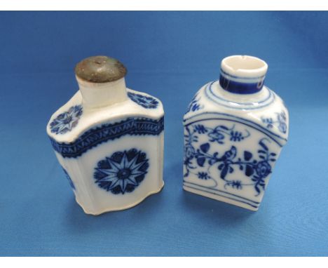 An early 19th century Chinese blue and white ceramic caddy having star decoration and metal lid and a 19th century blue and w