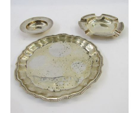 Silver ashtray, Birmingham 1933, maker's mark rubbed, the bowl engraved with text, 11cm diameter, small silver bowl, Chester 