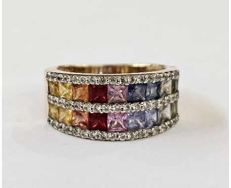 9ct gold, multi-coloured gemstone and small diamond dress ring set with two rows of multi-coloured gemstones and three rows o