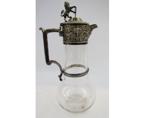 Victorian silver plate mounted glass claret jug by Elkington &amp; Co, the hinged lid with thumb piece cast in the form of a 