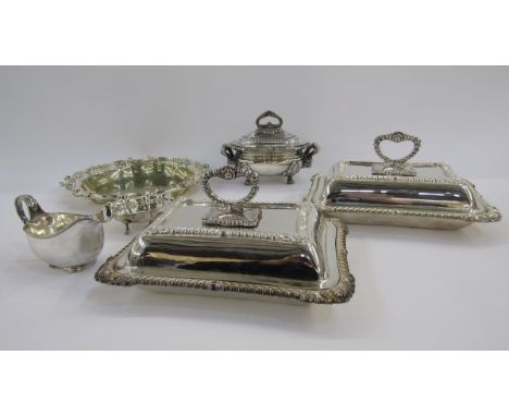 Pair of silver plated serving dishes and covers&nbsp;of rectangular form with gadrooned borders and shell capped decoration, 