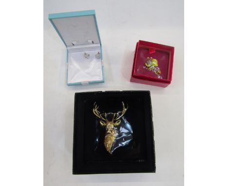 Butler &amp; Wilson costume jewellery brooch modelled in the form of a stag's head with orange diamante effect in box, Butler