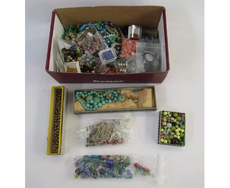 A quantity of part necklaces, turquoise beads, crystal, loose glass beads and other items (1 box)