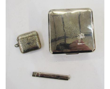 Silver cigarette box, Birmingham 1958, maker's mark rubbed, of square form, initials engraved to lid and cedar lined, 9cm wid