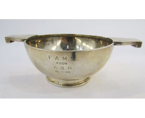 Indian white metal quaich, Calcutta, Hamilton &amp; Co,&nbsp;of plain form with twin solid handles, engraved with initials an