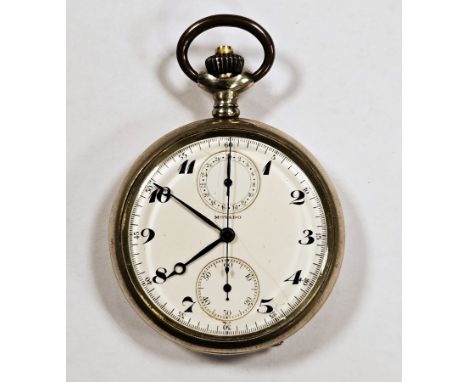 Early 20th century Movado chronograph pocket watch, the enamel dial with Arabic numerals denoting hours, seconds and chronogr