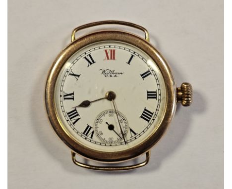Early 20th century 9ct gold cased trench style wristwatch, the enamel dial with Roman numerals denoting hours, seconds subsid