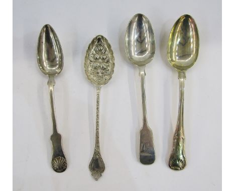 Silver gilt tablespoon, kings pattern, makers William Eley and William Fearn, another silver fiddle pattern tablespoon, anoth