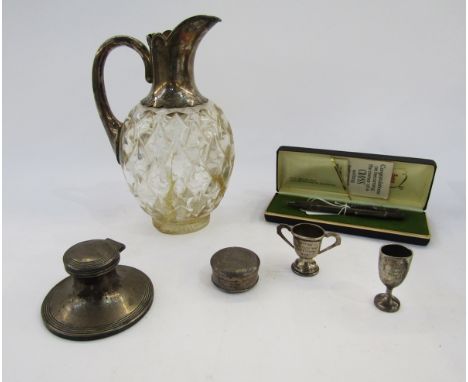 Collection of silver items including capstan inkwell, Chester 1911, two small silver trophies, two silver cased propelling pe