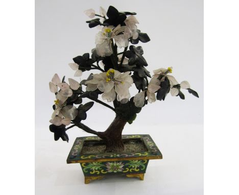 Chinese hardstone and jade bonsai tree&nbsp;in rectangular cloisonne enamel pot, on bracket feet, 21cm high, and another, sma