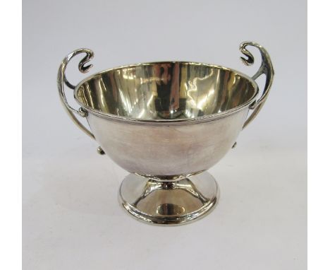 Silver small pedestal sugar bowl&nbsp;of Art Nouveau style, having pair free scroll handles and on circular foot, London 1938