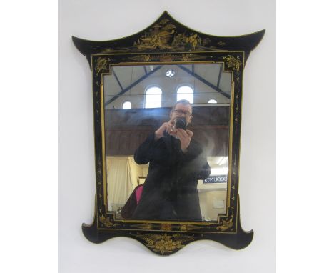 Japanned wall mirror&nbsp;with pagoda-style pediment with gilt chinoisierie and floral decoration on a black ground, 76cm hig