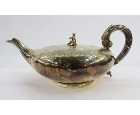 A Victorian silver teapot by Charles Thomas Fox and George Fox London 1843, of squat circular form with chinoiserie style eng