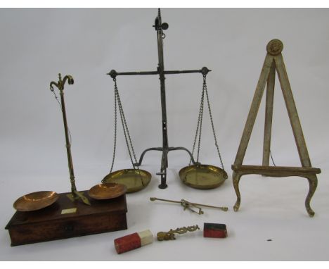 Pair of steel balance scales&nbsp;by Youngs London with brass pans, another pair of balance scales&nbsp;by Moore with copper 