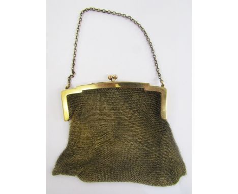 9ct gold mesh purse, ball fastening, with metal chain handle, 167 grams approx total.