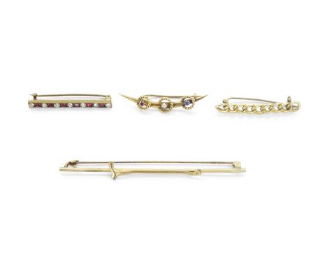 15ct gold, diamond, sapphire and ruby bar brooch, the crescent set with single cut diamond, sapphire and ruby within claw and