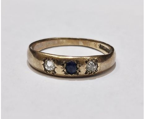 Gold, sapphire and diamond ring, set single sapphire and two old cut diamonds, size L 1/2, weight 2gms approx.Condition Repor