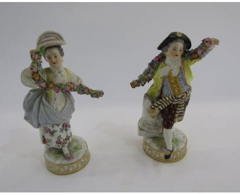 Pair of Meissen figures of a gallant and companion, circa 1880, blue crossed swords marks, pressnummern 81, 42, 127, incised 