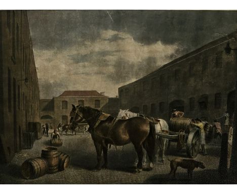 After G Garrard  Coloured engraving  Horse carts being loaded, 48cm x 60cm 