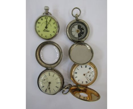 Silver open-faced pocket watch, the enamel dial with subsidiary seconds dial, a gilt metal half-hunter pocket watch, a war is