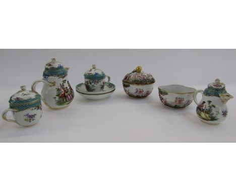 Meissen (outside decorated) green mosaic pattern part coffee-service, circa 1880, and a pair of Capodimonte-style quatrefoil 