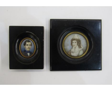 Early 20th century portrait miniature&nbsp;of a gentleman wearing a blue cravat, oval on ivory, 5cm x 4cm, and a portrait min