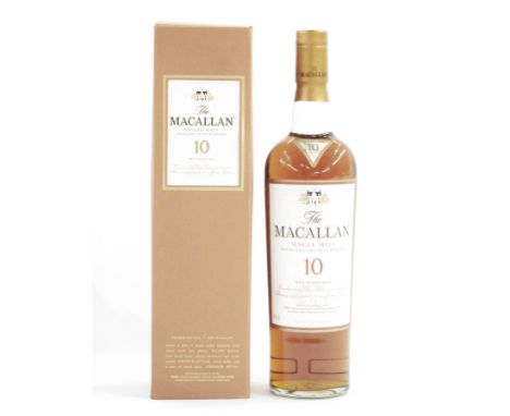 The Macallan 10 year old single malt highland scotch whisky, beautifully matured in selected sherry oak casks, 40% vol 700ml 