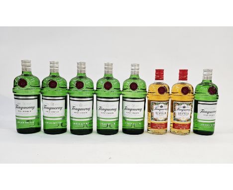 Five bottles of Tanqueray export strength London dry gin, 1L bottles and one 70cl all 43.1% vol, together with two bottles of