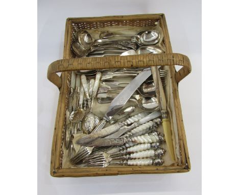 Quantity of assorted silver plated cutlery including fruit knives and forks with engraved blades and tines, and spiral mother