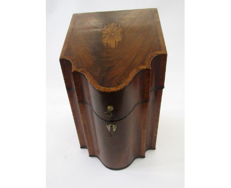 Georgian mahogany knife box&nbsp;of shaped form with inlaid strung decoration, the fitted interior with a small number of lat