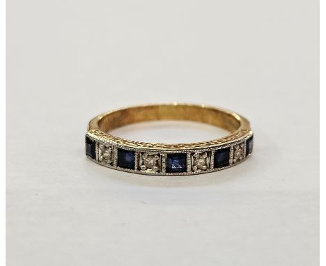 18ct gold nine-stone sapphire and diamond ring, the square cut sapphires alternating with eight cut diamonds, finger size N1/