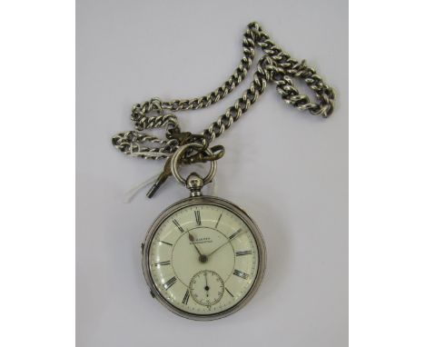 Silver open-faced pocket watch, the enamel dial inscribed 'S Harris, Manchester', with Roman numerals and subsidiary seconds 