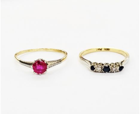 Gold solitaire ring set with a circular synthetic ruby, marked 18 PLAT, finger size S 1/2, and a gold five stone graduated ri