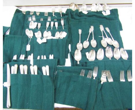 Matched silver service of table flatware, fiddle pattern, for 12 persons, various dates and makers to include six table forks