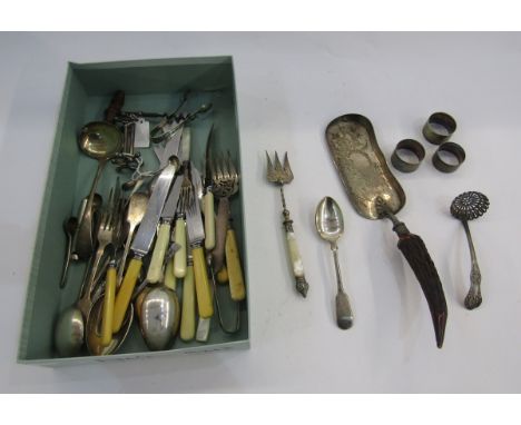 Pair of silver sugar tongs&nbsp;with floral decoration and a quantity of silver plate including a crumb tray with horn handle