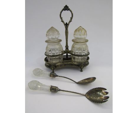 Silver plated cruet stand&nbsp;with lion mask decoration and fitted with two cut glass jars and covers, and a pair of silver 